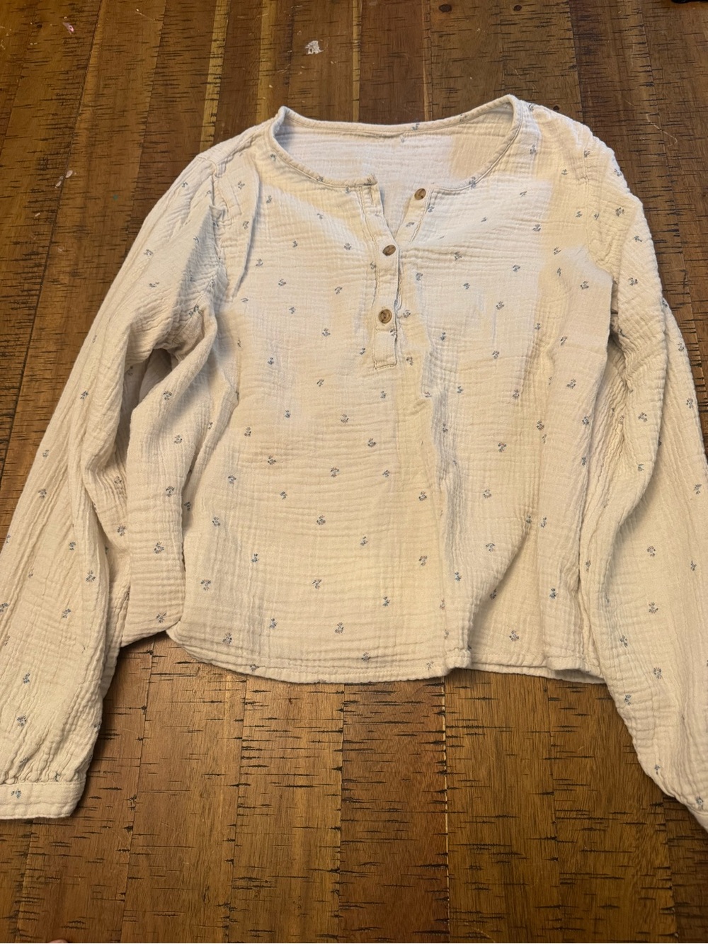 Women’s  Long-Sleeve Cream Henley Top with Blue floral Accent 100% cotton